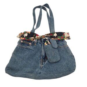Handmade Vintage Denim Jean Shoulder Bag With Cat Print Fabric Lining
